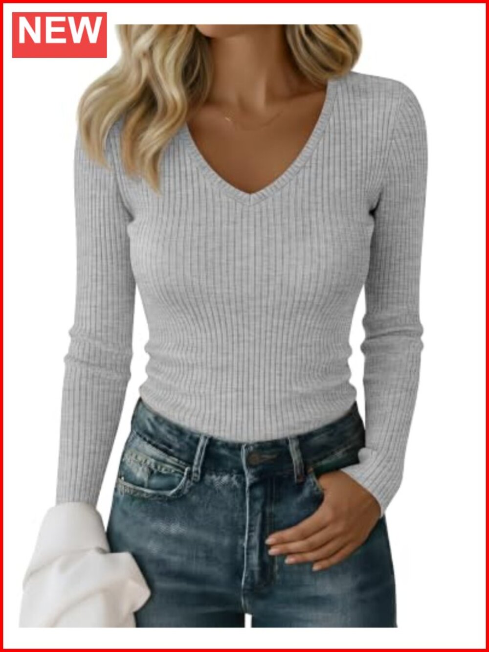 Women's Long Sleeve Ribbed Cotton V-Neck T-Shirt Slim Fit